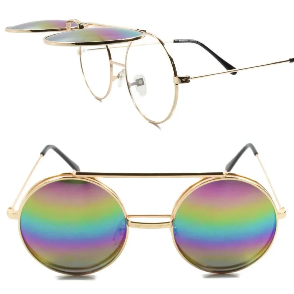 Vintage Retro Hip Steampunk Gold Rainbow Mirrored Lens Round Circle Sun Glasses
